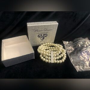 Premier Jewelry Designs 4 Strand Stretchy Pearl & Silver Rhinestone Bracelet NWT
